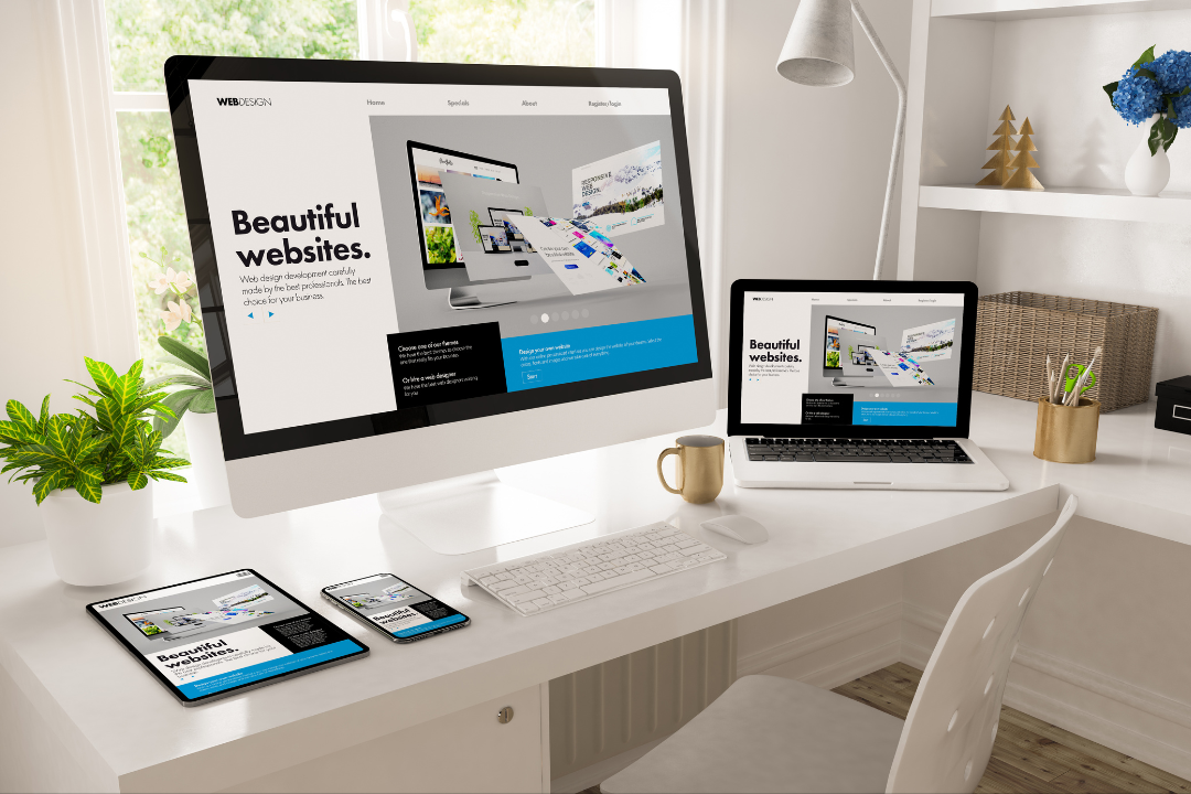 A wide horizontal image showing a modern website homepage on a desktop browser. The browser’s address bar displays a green padlock and “https://” indicating SSL encryption. The background includes digital graphics with flowing data lines and floating padlocks, symbolizing cybersecurity.